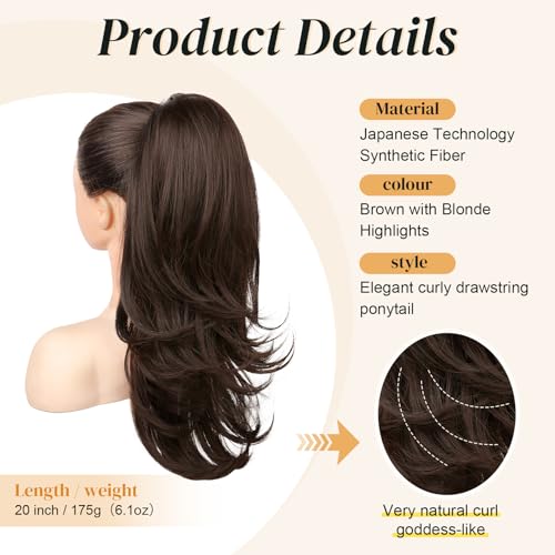 Flufymooz Ponytail Extension, 50 cm Pferdeschwanz Haarverlängerung mit Kordelzug für Frauen weiches, natürlich aussehendes synthetisches Pferdeschwanz Haarteil-Dunkelschokoladenbraun