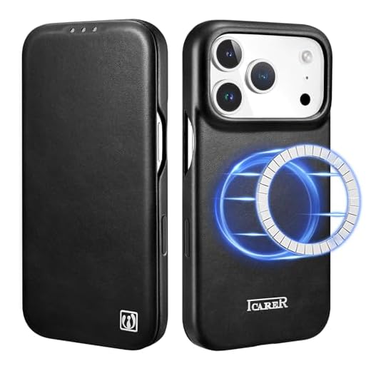 ICARER Lederhülle für iPhone 17 Pro Max, Echte Leder Hülle Tasche Handytasche Case mit Kartensteckplatz Magnetflip Wallet Kompatibel mit Mag-Safe und Kabelloses Laden für iPhone 17 Pro Max 6,7-Schwarz