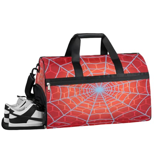 Kids Overnighter Duffel Bags for Boys Girls, Carry-On Size Sports Gym Bag with Shoe Compartments for School Practice or Overnight Travel Weekender Sleepover Tote Bag, Red Spider Web