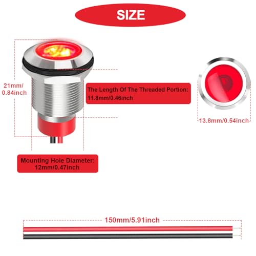 MKBKLLJY 6 peças 12 mm CC 12-24 V 1A luz indicadora de metal vermelha LED à prova d'água, lâmpada d