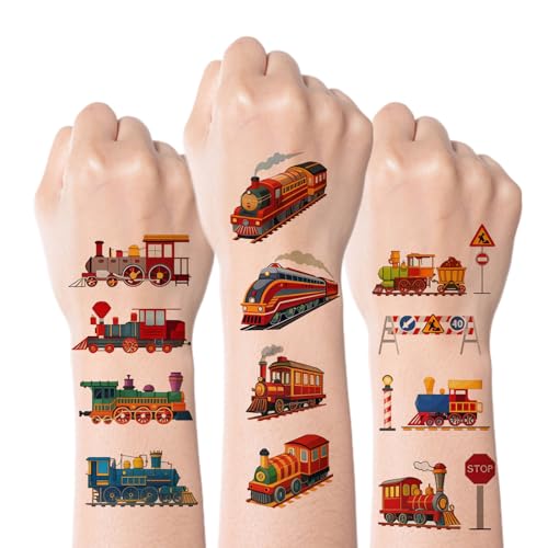 Kotkiddy 76 Piezas Vintage Tatuajes Temporales de Tren para Niños y Niñas, Decoración de Fiesta, Regalos, Pegatinas para Cumpleaños, Transporte Ferroviario, Locomotora Re