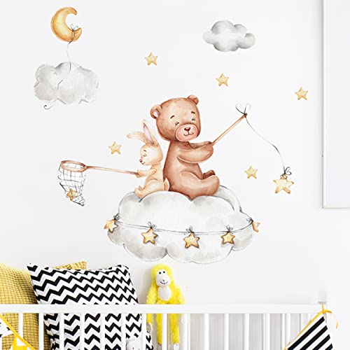 Cute Bear And Bunny On Clouds Nursery Decor Cute Bear And Rabbit With Clouds Stars Wall Decals Vinyl Wall Stickers For Kids Boys Girls Bedroom Daycare Classroom Playroom And Kids Room Wall Decor #TOP4