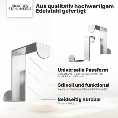 Minismus Türhaken zum Einhängen – Edelstahl Kleiderhaken Tür – Einzeln verwendbare Türgarderobe Haken Garderobenhaken – Aufhängehaken – Einhängehaken 4er Set (Silber)