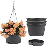 Svxtoby 10 inch Hanging Planters, 4 Pack Hanging Baskets for Plants with Removable Trays & 15.7' Chain, Round Plastic Hanging Flower Pots for Home Garden Porch Balcony Patio Decor (Grey)