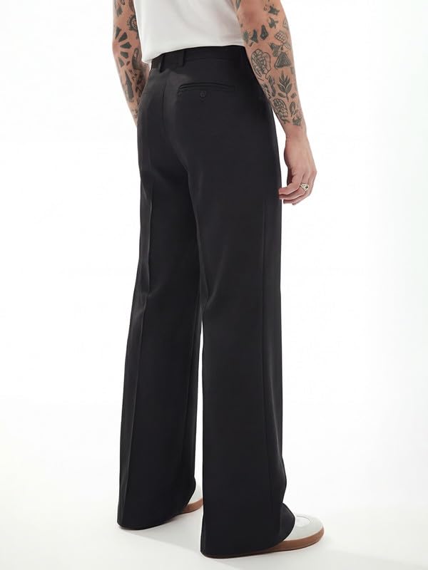 Image of FUGAZEE Black Highwaisted Bell Bottom Trousers for Men | Soft Cotton Twill Fabric | Wide Flared Bottom Pants | Regular Rise with Belt Loops | Retro 70s Style Streetwear Fashion