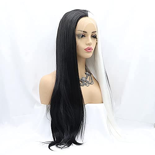 Sylvia Perruque synthétique noire ombrée blanche 2 tons avec dentelle sur le devant, raie au milieu, densité 180 %, cheveux naturels résistants à la chaleur, pour femmes noires Cover