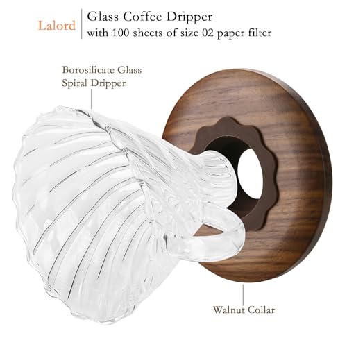 Image of Lalord Pour Over Coffee Dripper with 100 pcs of Size 02 Paper Filter, Borosilicate Glass & Walnut Collar, Drip Coffee Maker, 1-3 Cups, Clear (Coffee Dripper)