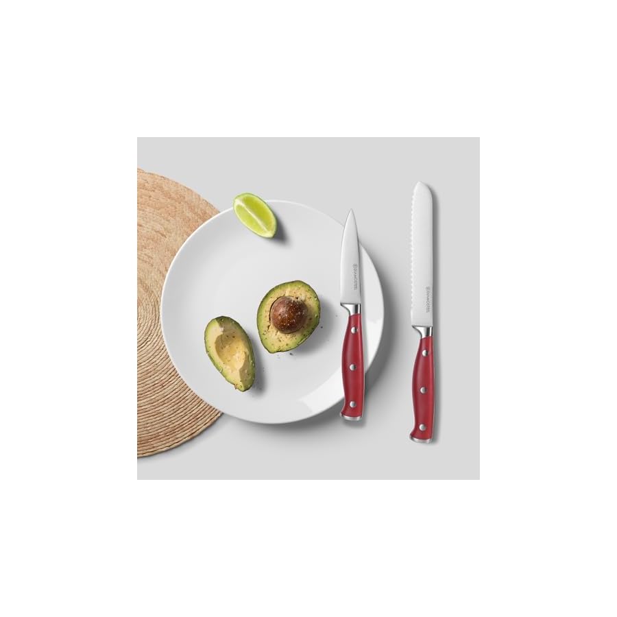 Diamosteel Kitchen Knife Block Set, 15 Pcs Knife Set with Block and Sharpener Scissors for Kitchen, High Carbon Stainless Steel Knife Set (Red)