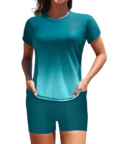 Image of Daci Short Sleeve Rash Guard 2 Piece Swimsuits with Bord Shorts | Sun Protection,Two Pockets,Clolor Block,High Waisted Short,High Neck,Quick Dry