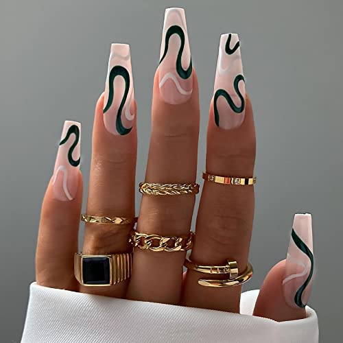 Vaveah 24 Pcs Glossy Press on Nails Coffin with Glue, Extra Long Glossy Fake Nails Glue on Nails, False Nails with Glue for Women (Pink and Green Swirl)