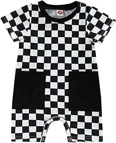 Baby Boy Neutral Checkerboard Graphic T Shirts Romper Shorts Jumpsuit Cute Summer Outfits Trendy Clothes (Black Plaid,18-24 Months) #TOP22