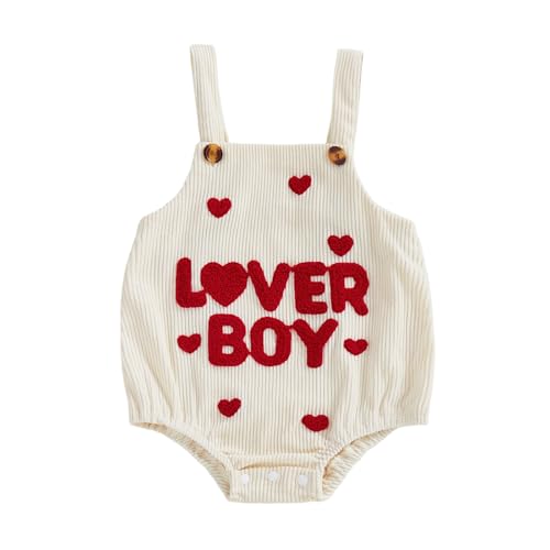 YINGISFITM My First Valentines Day Baby Boy Outfit Lover Boy Bubble Romper Newborn Heart Onesie Overalls Valentine Clothes (Lover Boy Beige 0-3 Months)