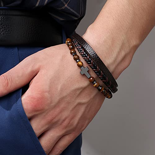 Josephine Design Leather Beaded Bracelets For Men Women Stainless Steel Cross Tiger's Eye Gemstone Healing Wrap Bracelet Jewelry Magnetic Clasp Hand Chain (Cross Tiger's Eye) #TOP2