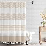 bufftieo Beige and White Shower Curtain for Bathroom Boho Striped Fabric Modern Farmhouse Tassel Shower Curtain Sets - 72' x 72'