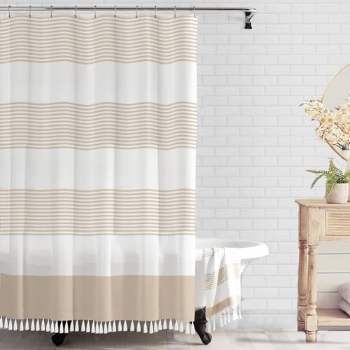 bufftieo Beige Striped Tassel Shower Curtain 72" x 72" Boho Farmhouse