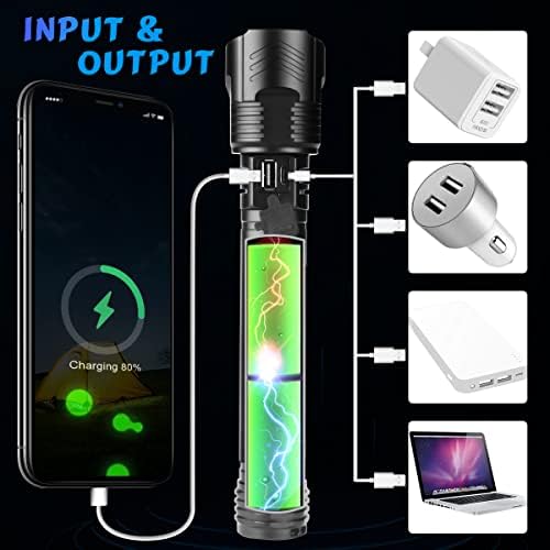 WholeFire LED Torch Light Super Bright Rechargeable USB, 90000 Lumens Zoomable 5 Modes Waterproof Flashlight with Batteries and Charger Type-C USB Rechargeable Powerful Torch for Camping Emergencies