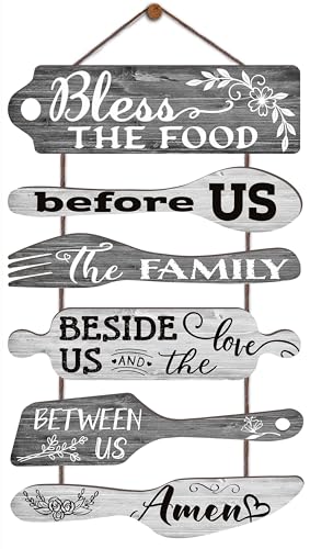 Bless the Food Before Us Kitchen Wall Decor - Dining Room Decorations Collage Wall Art in Grey Wood Grain Tone - Wooden Rustic 6pcs Roped Sign 25x14 Inches Vertical