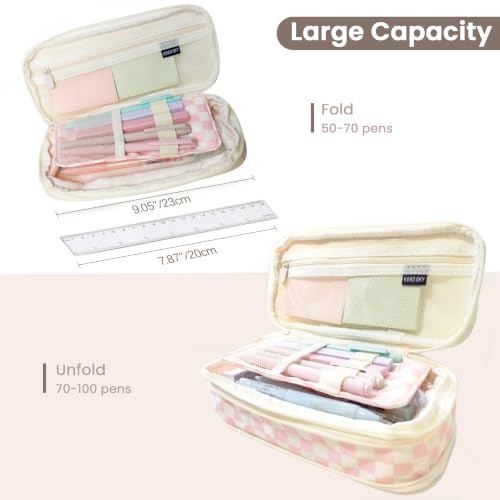 Image of Large Capacity Pencil Case Pouch with 5 Black Gel Pens (Pink plaid) | Expandable, Water-resistant, 4-compartment design, Versatile, Quality materials, Cute style, 0.5mm gel pens
