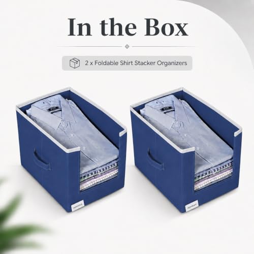 Image of VERVENIX Shirt Stacker Set of 2, Non Woven Foldable Clothes Storage Organizer with Handle, Wardrobe Closet Organizer, Space Saving Cloth Organizer for T-Shirts, Shirts, Jeans, Blue