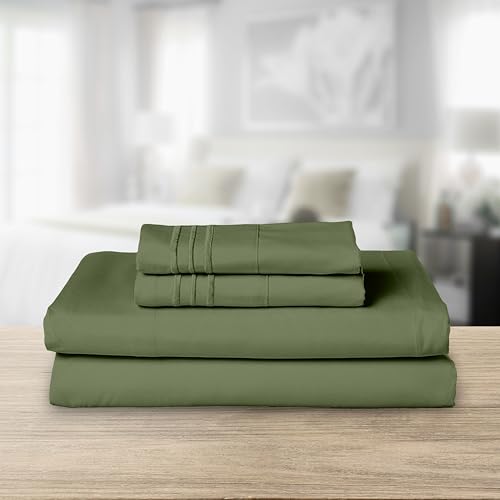 Image of Elegant Comfort Luxurious 1500 Premium Hotel Quality Microfiber Three Line Embroidered Softest 4-Piece Bed Sheet Set, Wrinkle and Fade Resistant, King, Sage-Green