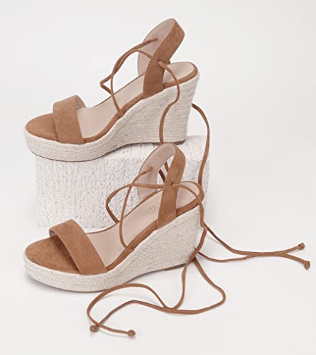 Sumojiu Women's Lace-Up Wedge Platform Espadrille Open Toe Heel Sandals, Cross Strap Wedge Sandals Summer Espadrilles Ankle Strap Buckle Platform Sandals Tan 7.5 Size #TOP7
