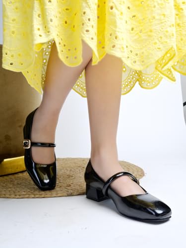 Image of Shoetopia Pumps for Women - Low Block Heel Dress Shoes with Gold Buckle Strap Classy Comfortable Low Heel