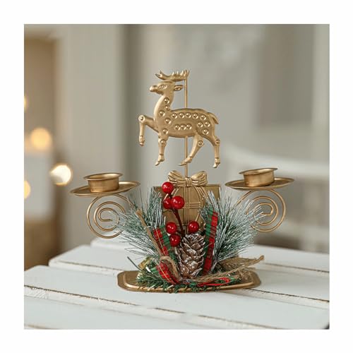 Centro de mesa de Navidad, portavelas dorado, centro de mesa, portavelas con bayas rojas, piñas de pino para decoración de mesa de Navidad, regalo para casa nueva