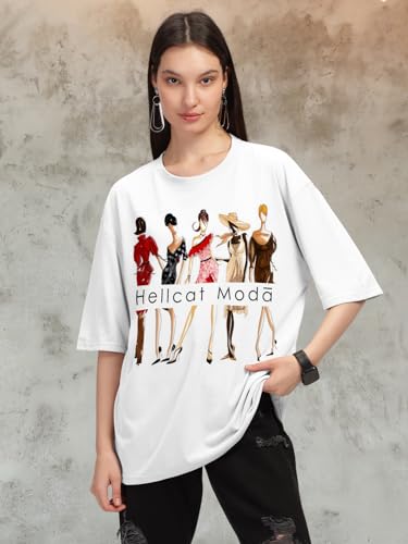 Image of HELLCAT Beige Trendy Printed Oversized T-Shirt for Women