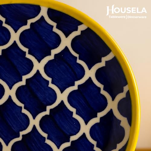 Image of Morrocan /Umrao Ceramic Plates for Dinner with Katoris (12 Pieces, 6 Bowl & 6 Plates, Dishwasher & Microwave Safe) -Dinner Sets -(Blue & Yellow)