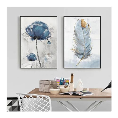 Art mural abstrait salon fleur bleue et blanche 35x55cm sans cadre