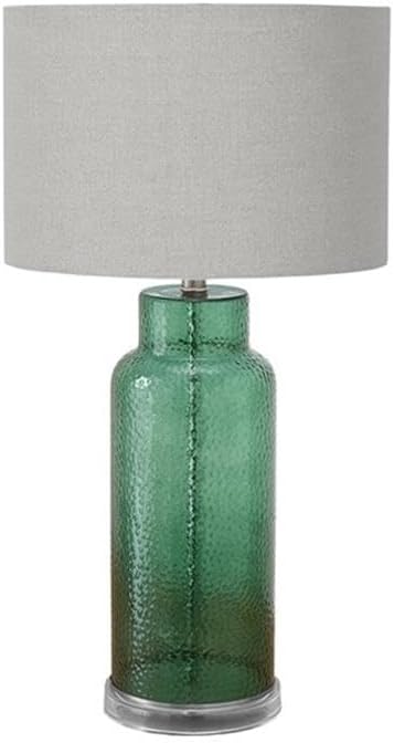 Pemberly Row 28" Textured Green Glass Table Lamp, Gray Fabric Shade, Cylinder Design, Clear Acrylic Base, Contemporary Style Lighting for Living Room, Bedroom, Home Office, End Tables or Nightstands