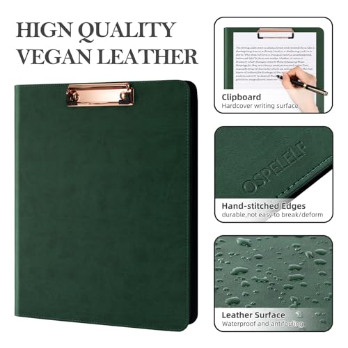 Image of Ospelelf Green Clipboard with Storage 3 Binder Leather Portfolio Folder with Zipper, 12.1 inch Tablet Sleeve, 5 Dividers with Pocket, Refillable Notepad, Card Slot