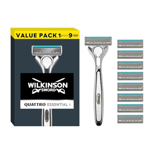 Wilkinson Sword Quattro Titanium Men's Razor for Sensitive Comfort, Great Addition to Wash Bags for Men's Grooming, Shavers for Sensitive Skin, 1 Reusable Razor Handle and 9 Refill Blades Pack