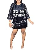 Fuiuwhs Its My Birthday Dress for Women Birthday Sequin Shirt Dress Letter Print 3/4 Sleeve Round Neck Tops Dress Black XXL