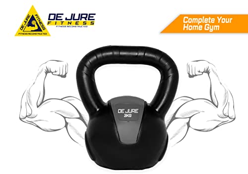 Image of De Jure Fitness PVC Kettlebell 3kg for Men & Women, Strength & Cardio Training, Soft Grip, Crushed Concrete Filled, Full Body Workout Equipment for Home & Gym (Grey Black)