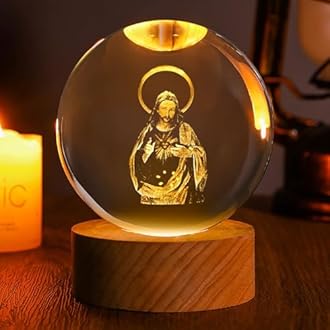 Jesuspirit - Christian Decor, Wooden Light Base Crystal Ball Night Light, Home Decor - Christian Gifts for Men and Women (Sacred Heart of Jesus)