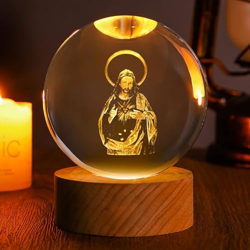 Jesuspirit - Christian Decor, Wooden Light Base Crystal Ball Night Light, Home Decor - Christian Gifts for Men and Women (Sacred Heart of Jesus)