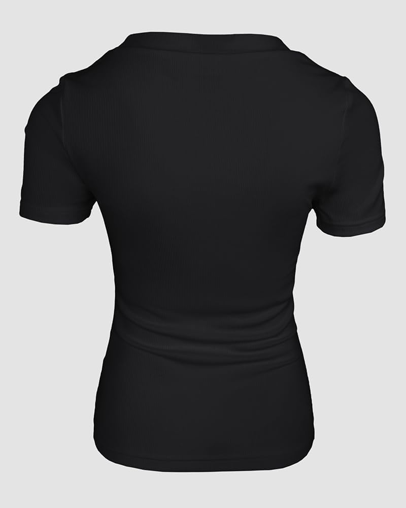 CHICME Women Built-in Bra T Shirt Top Short Sleeve Square Neck Basic Tees Casual Ribbed Knit Fitted Going Out Tops