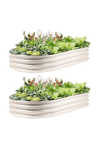 Gartist 2 Pack Raised Garden Bed Kits, 4x2x1FT Cream White Oval Galvanized Outdoor Planter Beds, Easy Assembly Metal Raised Bed for Vegetables, Flowers & Herbs