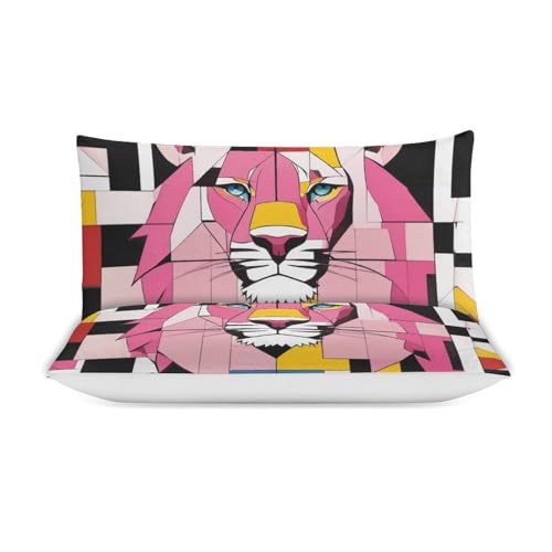 ZGDPBYF Jogo de cama Queen geométrico animal leão, conjunto de colcha geométrica listrada rosa leão