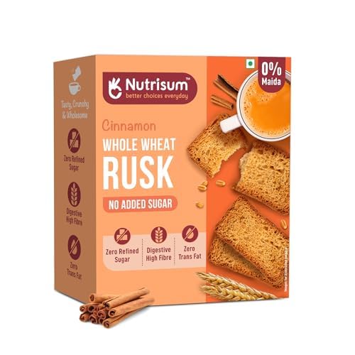Image of Nutrisum Premium Whole Wheat Rusk Cinnamon Flavour, High Fiber, Refined Sugar Free, Tea Toasts 180 gms (Pack of 4)