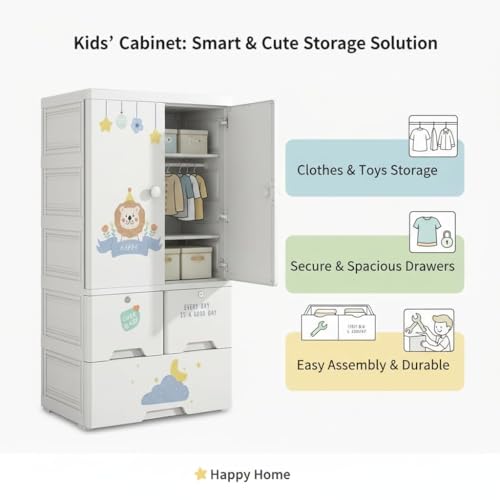 Image of Strassis Design 4- Door Plastic Wardrobe for Kids| Almirah and Wardrobe for Baby Clothes| Modular Storage Cabinet with Wheel Organizer for Cupboard Rack for Clothes /Shoes /Books /Toy (Lion)