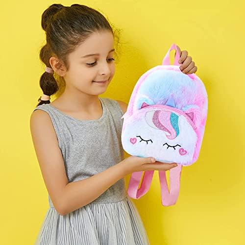 Plush Unicorn Backpack - Mini Unicorn Kids Toddler Student Travel Plush Cute Soft Rainbow Bookbag, Fluffy Mini Unicorn Backpack Bags for Girls Kids Travel Plush Rainbow Schoolbag(27.2 x 20.9 x 8.1CM)