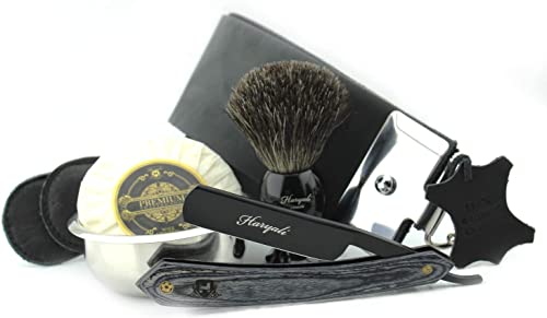 Cut Throat Razor Kit for Men - Professional Barber Straight Razor and Leather Strop with Badger Hair Shaving Brush - Single Blade Wood Handle - Shaving Soap - Shaving Bowl - Sustainable Shaving Set