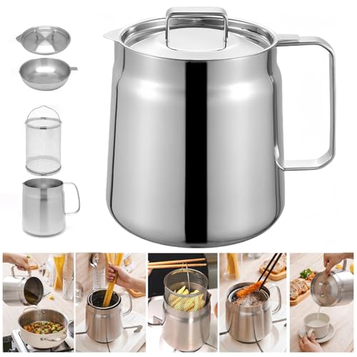 Image of 68oz 304 Stainless Steel Oil Filter Pot,2 In 1 Oil Strainer Pot,Large Capacity Versatile Bacon Grease Container with Strainer,for Kitchen Storing Frying Cooking Grease (68oz)