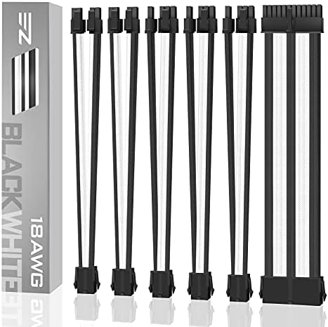 EZDIY-FAB PSU Cable Extension Sleeved Custom Mod GPU PC Power Supply Soft Nylon Braided with Comb Kit 24PIN/3x 8PIN to 6+2Pin/ 2X 8PIN to 4+4PIN-300MM/11.8in - Black/White
