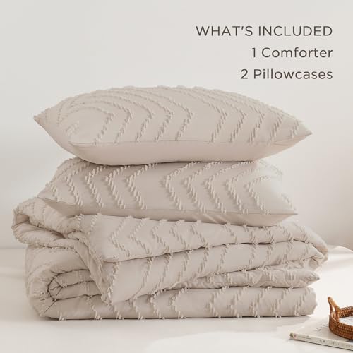 Image of Andency Linen Comforter Set Queen Size, Boho Soft Warm Tufted Bedding Comforter Sets for Queen Size Bed, 3 Pieces Aesthetic Chevron Farmhouse Cute Bohemian Textured Bed Set