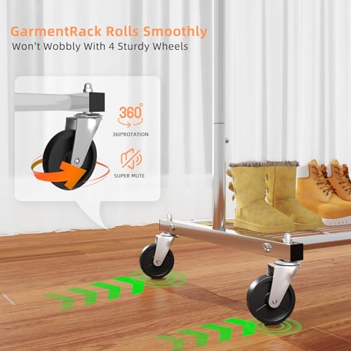 Simple Trending Standard Clothing Garment Rack, Rolling Clothes Organizer with Wheels and Bottom Shelves, Extendable, Chrome thumbnail 3