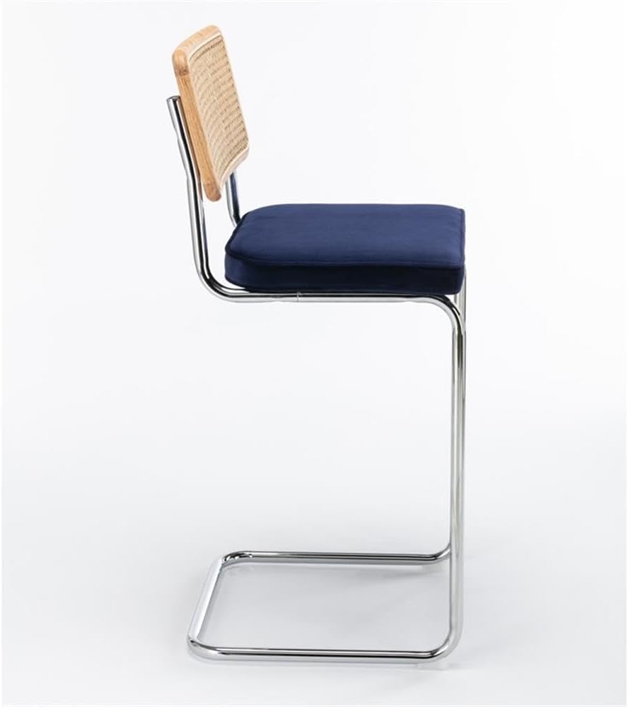 Pemberly Row Modern Bar Height Stools, Set of 2, Sapphire Velvet Upholstery, Chrome Frame, Natural Cane Wood Backrest, Padded Seat, 30-Inch Seat Height, Minimal Assembly