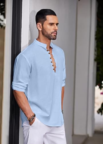 Image of Macsivo Men's Stylish Mandarin Collar Kurta | Casual Ethnic Fusion Shirt for Daily, Party & Travel | Full Sleeves | Cotton Blend Comfort Fit Short Kurta